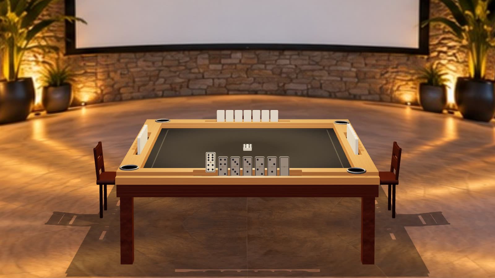 A PlanetMesa room: the table lit, chairs round it, a screen on the wall behind.